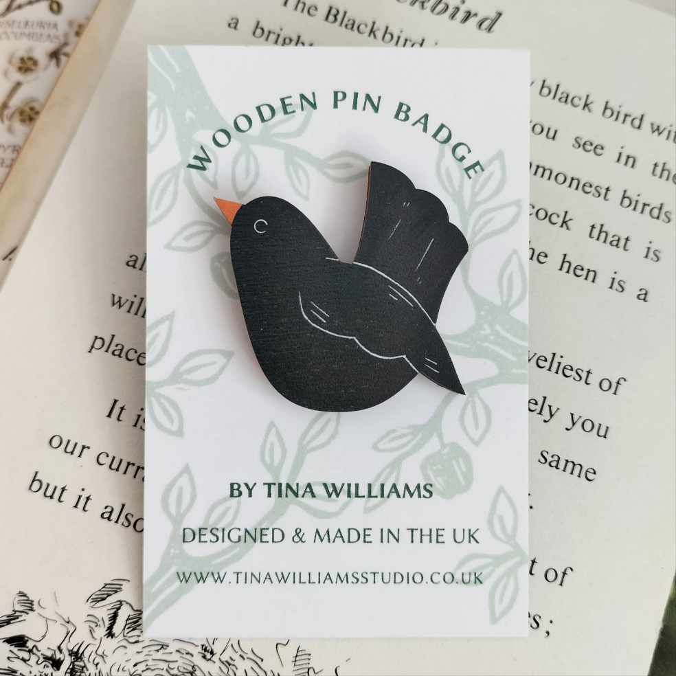 Blackbird - Wooden Brooch Pin Badge