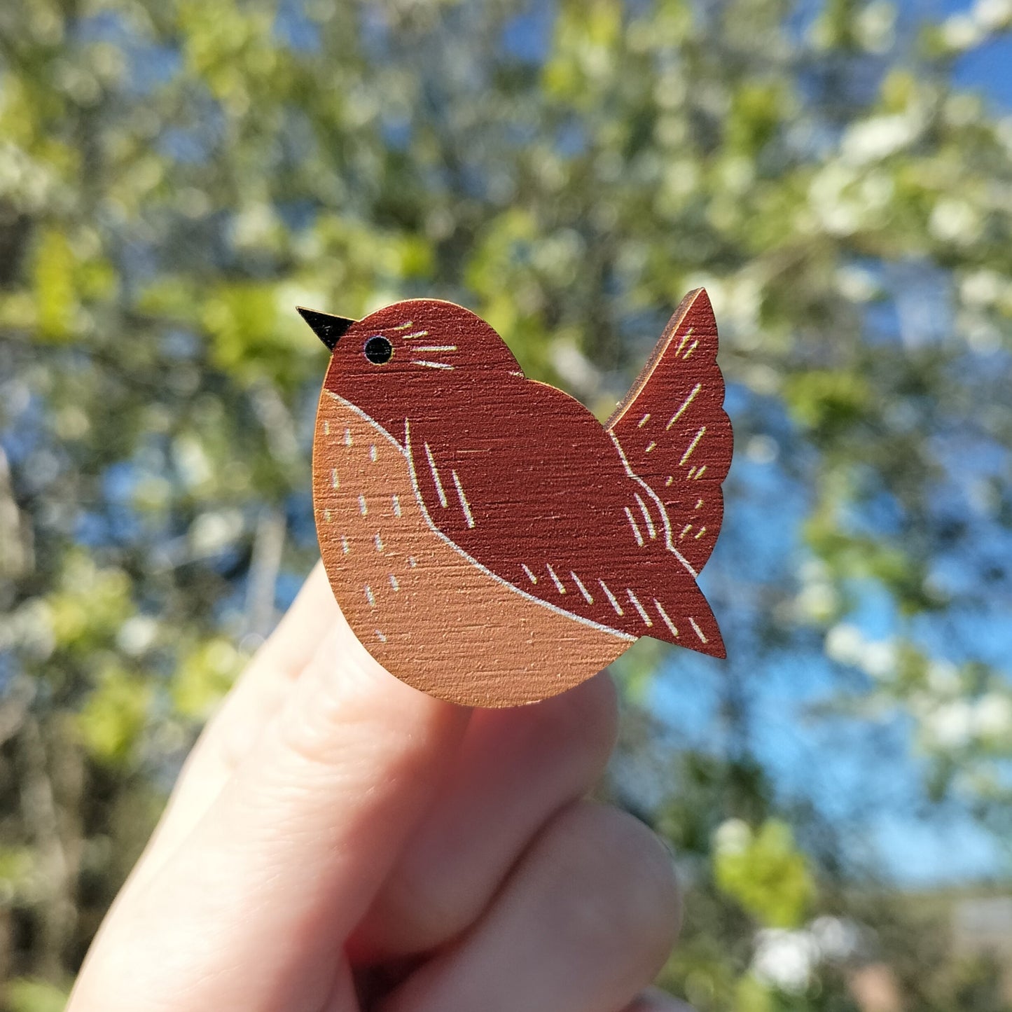 Wren - Wooden Brooch Pin Badge