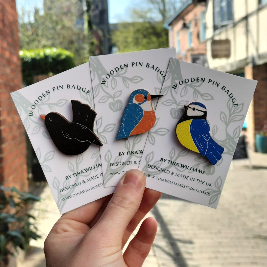 Blue Tit - Wooden Brooch Pin Badge