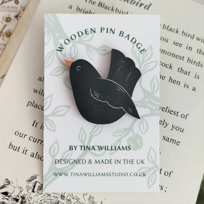 Blackbird - Wooden Brooch Pin Badge