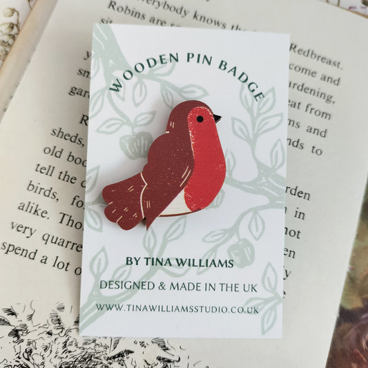 Robin - Wooden Brooch Pin Badge